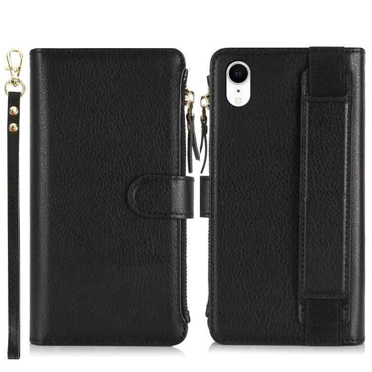For iPhone XR Wristband Holder Zipper Purse RFID Leather Phone Case