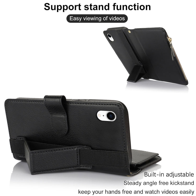 For iPhone XR Wristband Holder Zipper Purse RFID Leather Phone Case