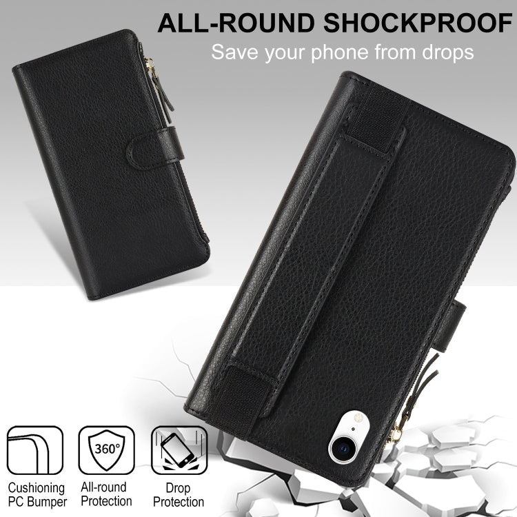 For iPhone XR Wristband Holder Zipper Purse RFID Leather Phone Case