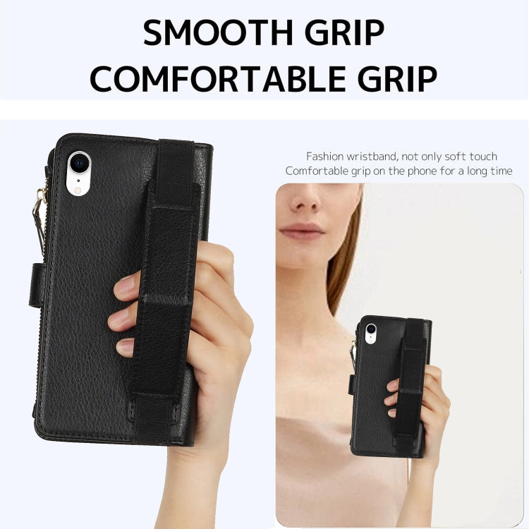 For iPhone XR Wristband Holder Zipper Purse RFID Leather Phone Case
