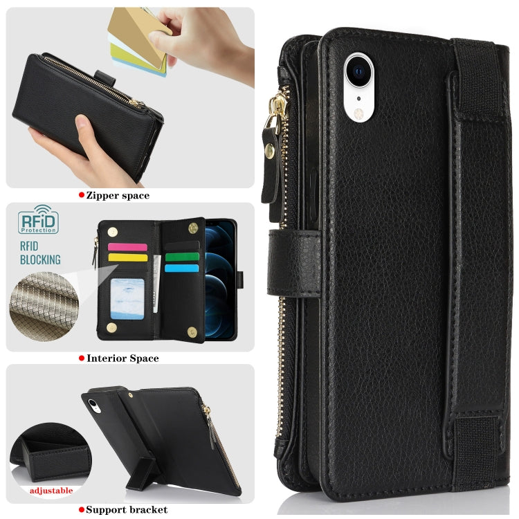 For iPhone XR Wristband Holder Zipper Purse RFID Leather Phone Case