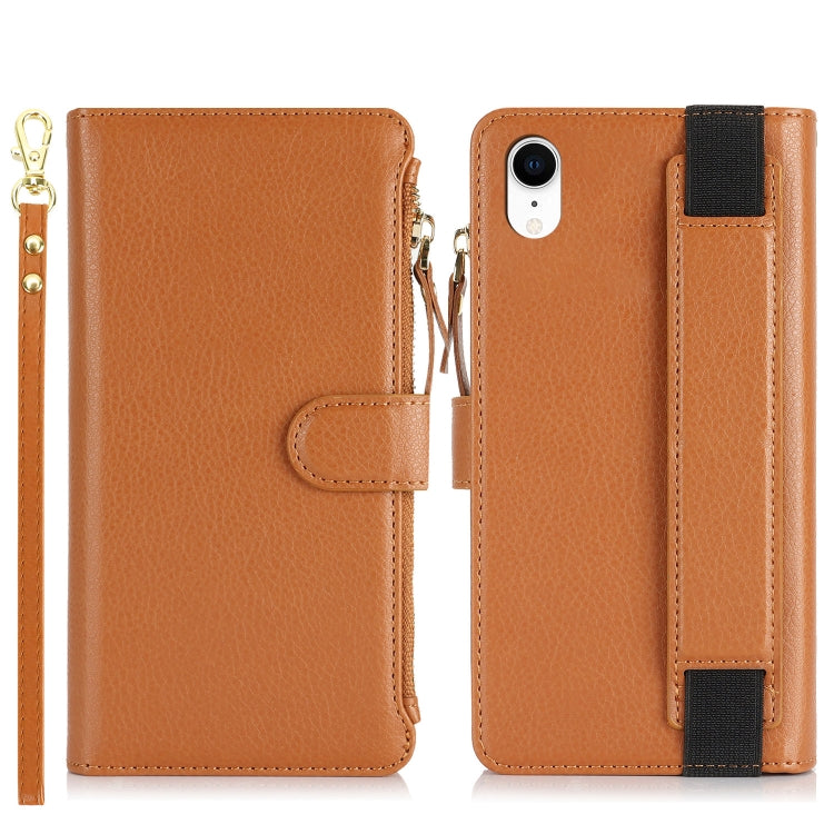 For iPhone XR Wristband Holder Zipper Purse RFID Leather Phone Case