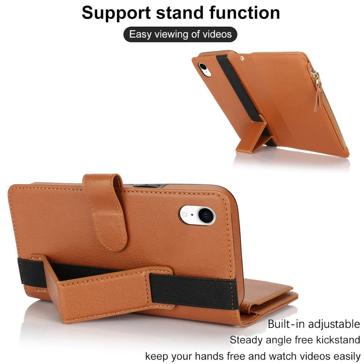 For iPhone XR Wristband Holder Zipper Purse RFID Leather Phone Case