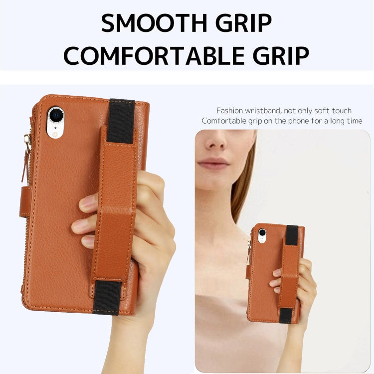 For iPhone XR Wristband Holder Zipper Purse RFID Leather Phone Case