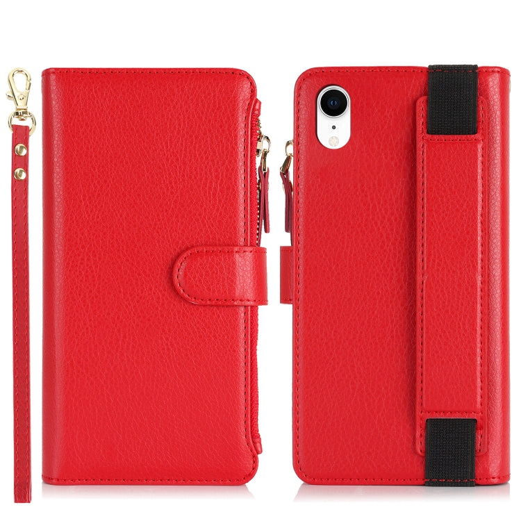 For iPhone XR Wristband Holder Zipper Purse RFID Leather Phone Case
