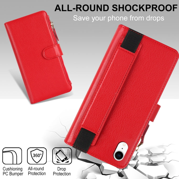 For iPhone XR Wristband Holder Zipper Purse RFID Leather Phone Case