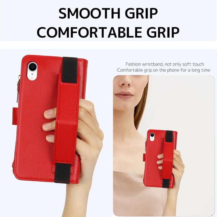 For iPhone XR Wristband Holder Zipper Purse RFID Leather Phone Case