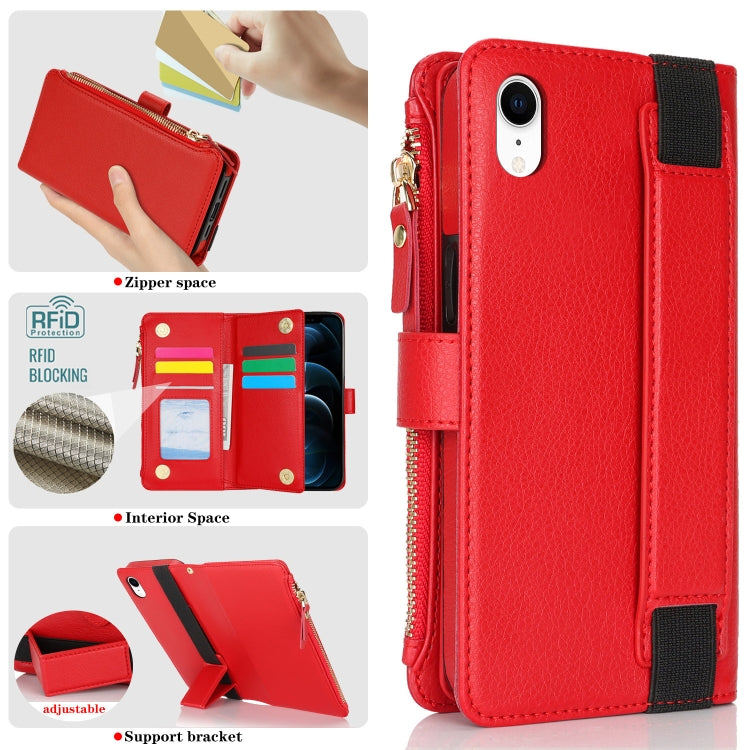 For iPhone XR Wristband Holder Zipper Purse RFID Leather Phone Case