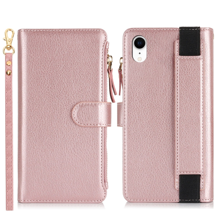 For iPhone XR Wristband Holder Zipper Purse RFID Leather Phone Case