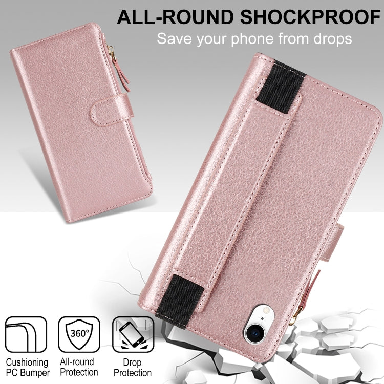 For iPhone XR Wristband Holder Zipper Purse RFID Leather Phone Case