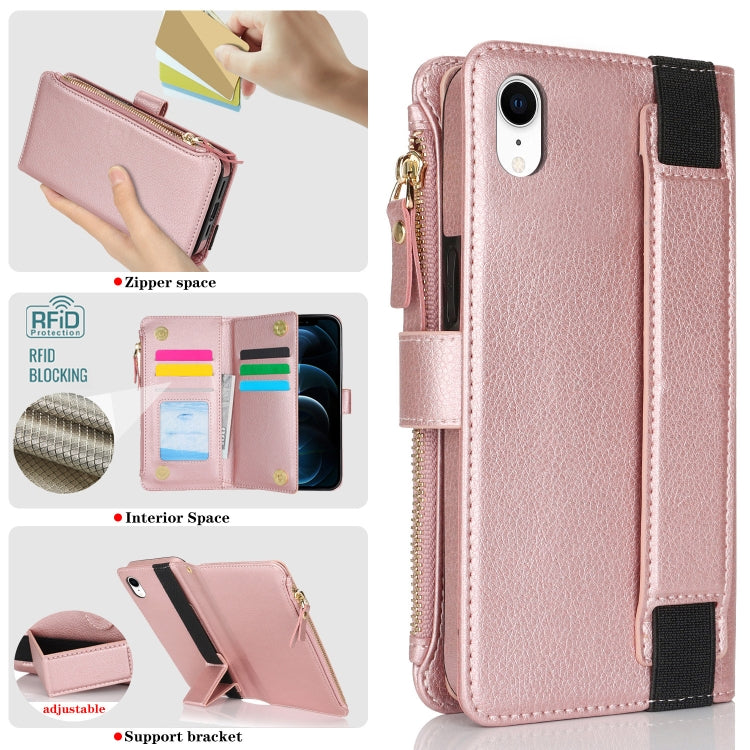 For iPhone XR Wristband Holder Zipper Purse RFID Leather Phone Case
