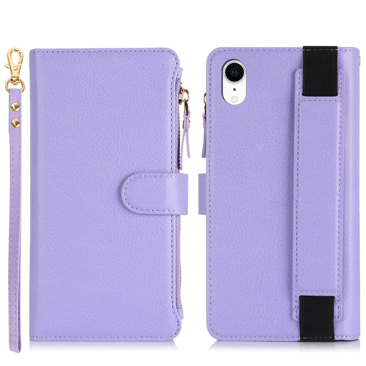 For iPhone XR Wristband Holder Zipper Purse RFID Leather Phone Case