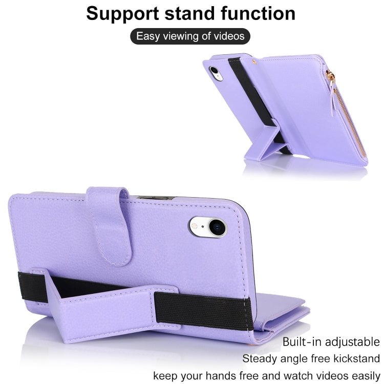 For iPhone XR Wristband Holder Zipper Purse RFID Leather Phone Case
