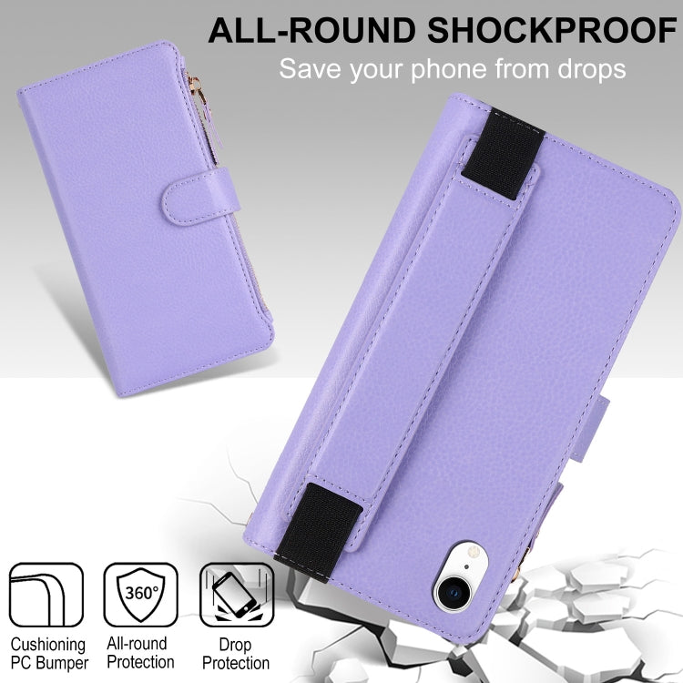 For iPhone XR Wristband Holder Zipper Purse RFID Leather Phone Case