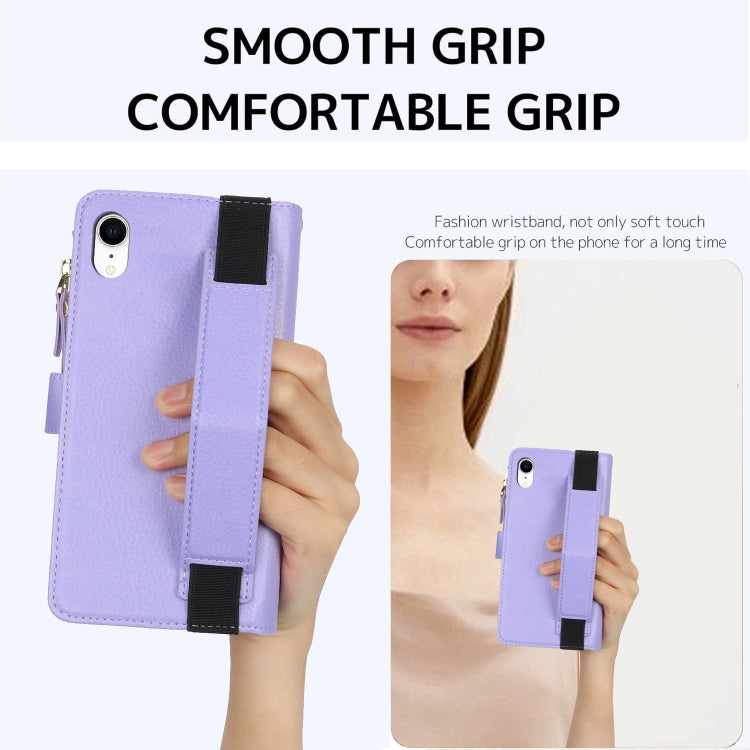 For iPhone XR Wristband Holder Zipper Purse RFID Leather Phone Case