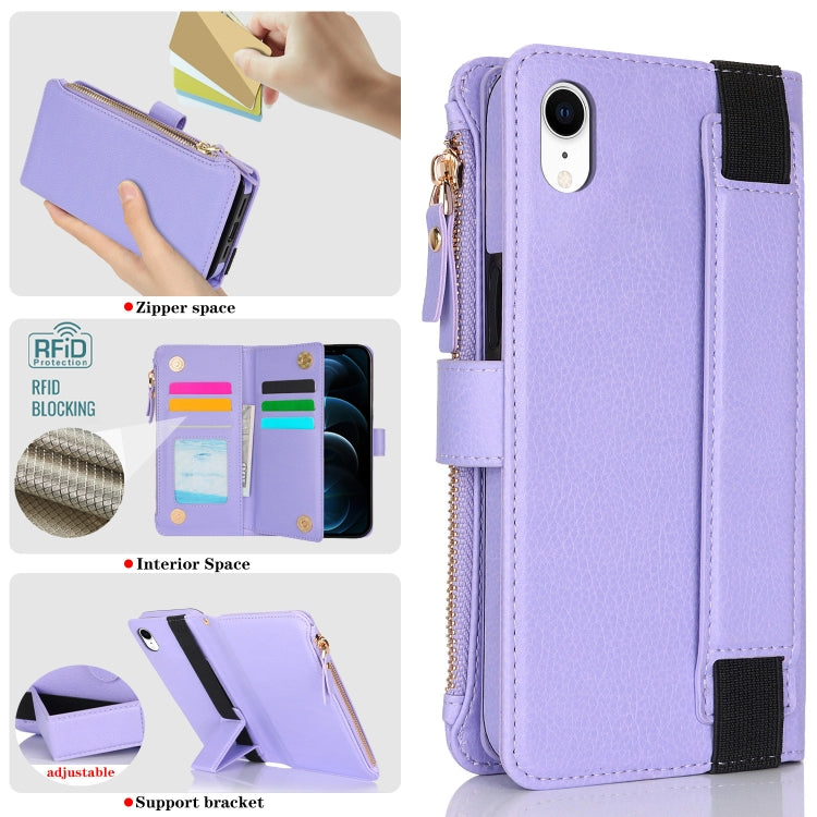 For iPhone XR Wristband Holder Zipper Purse RFID Leather Phone Case