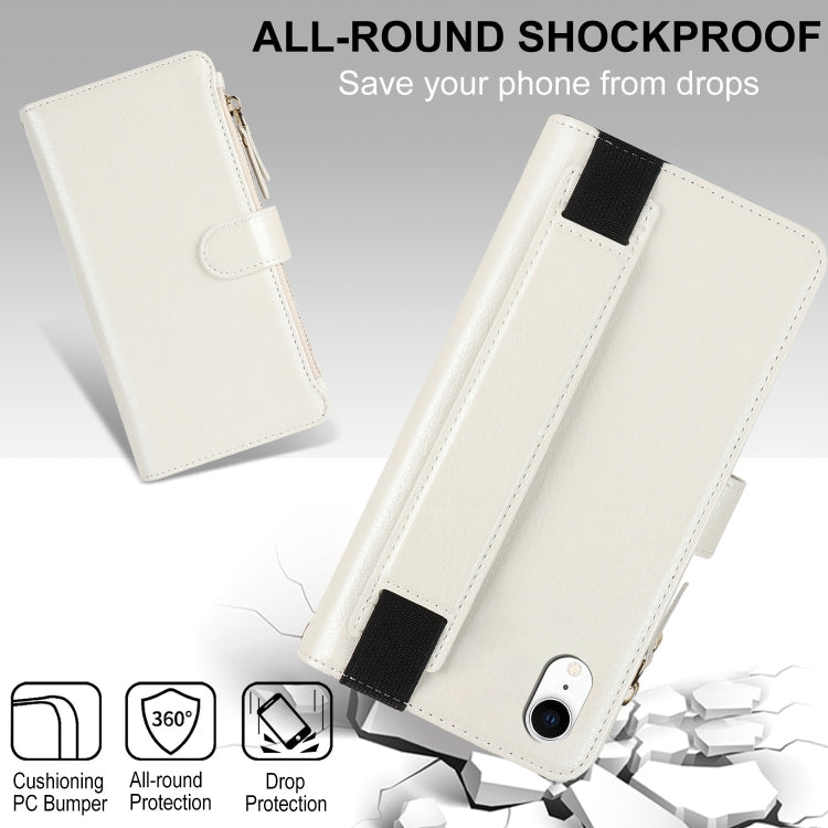 For iPhone XR Wristband Holder Zipper Purse RFID Leather Phone Case