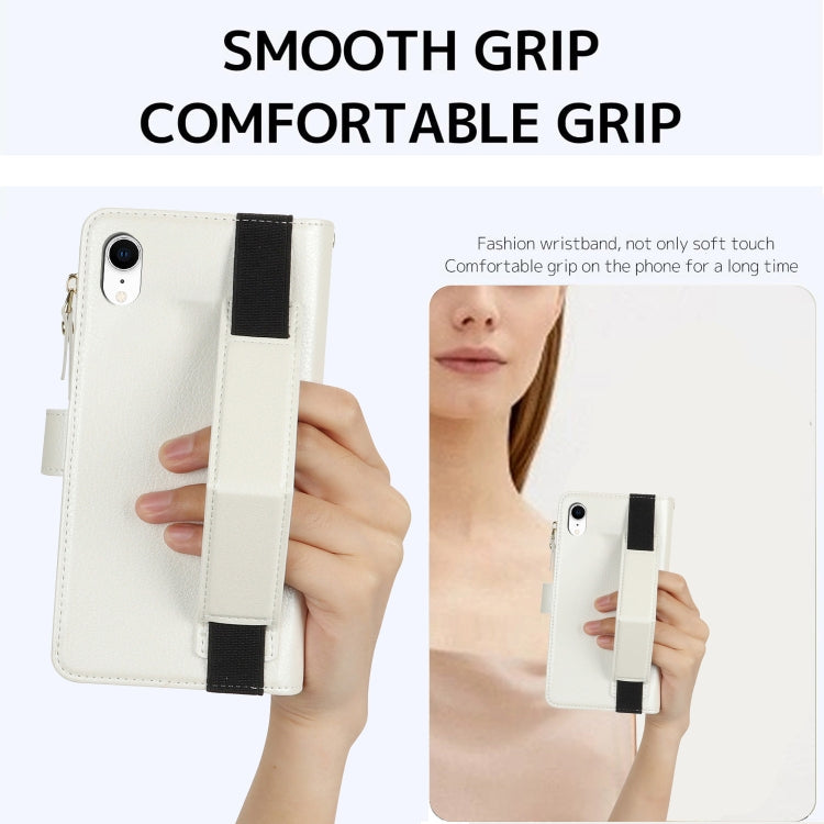 For iPhone XR Wristband Holder Zipper Purse RFID Leather Phone Case