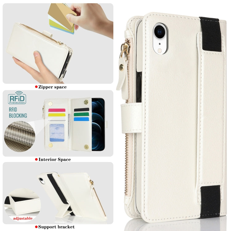 For iPhone XR Wristband Holder Zipper Purse RFID Leather Phone Case