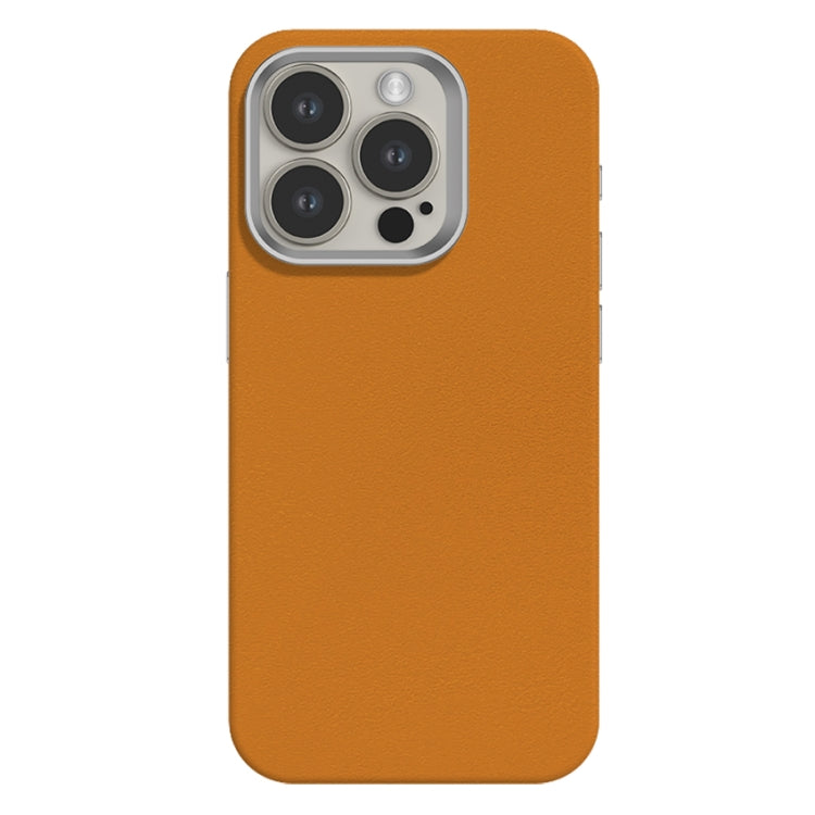 For iPhone 15 Pro Max Skin Feel Fine Leather Texture Metal Lens Frame MagSafe Phone Case