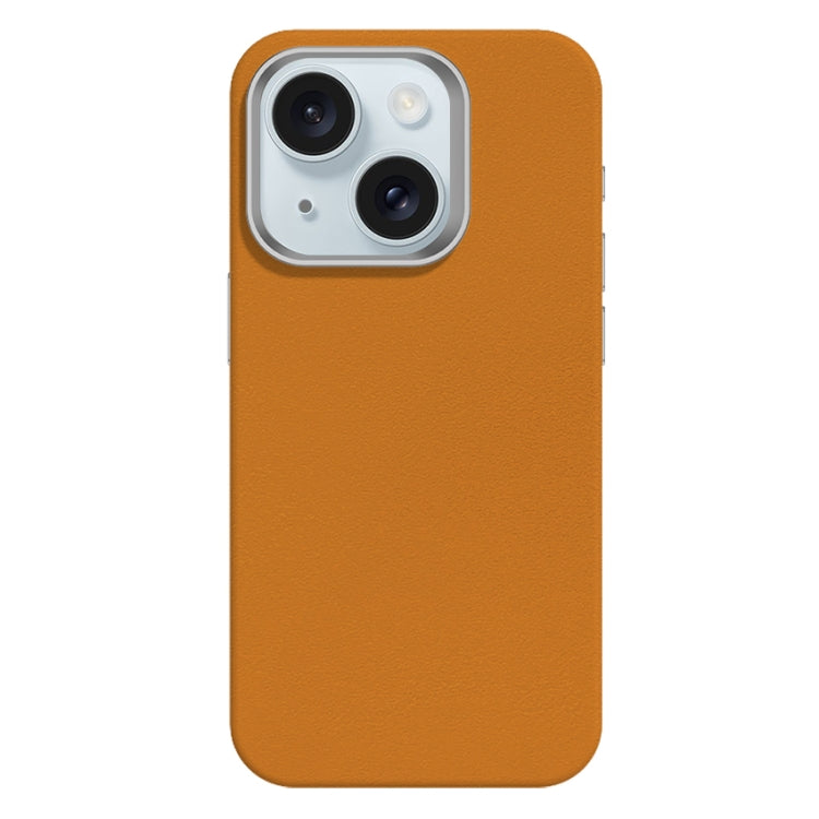 For iPhone 15 Skin Feel Fine Leather Texture Metal Lens Frame MagSafe Phone Case