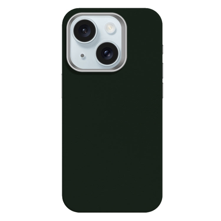 For iPhone 15 Skin Feel Fine Leather Texture Metal Lens Frame MagSafe Phone Case