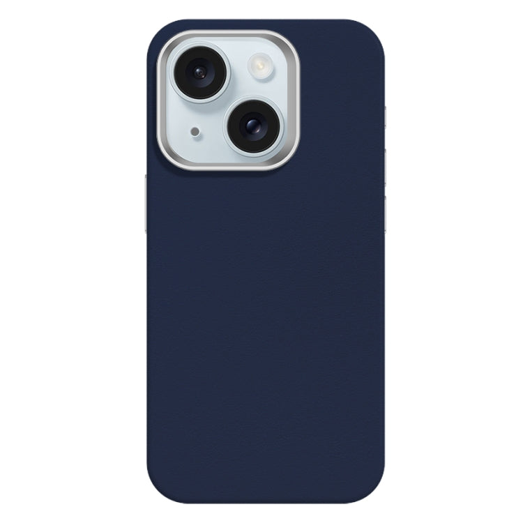 For iPhone 15 Skin Feel Fine Leather Texture Metal Lens Frame MagSafe Phone Case