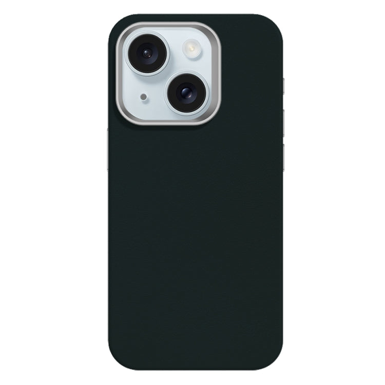 For iPhone 15 Skin Feel Fine Leather Texture Metal Lens Frame MagSafe Phone Case