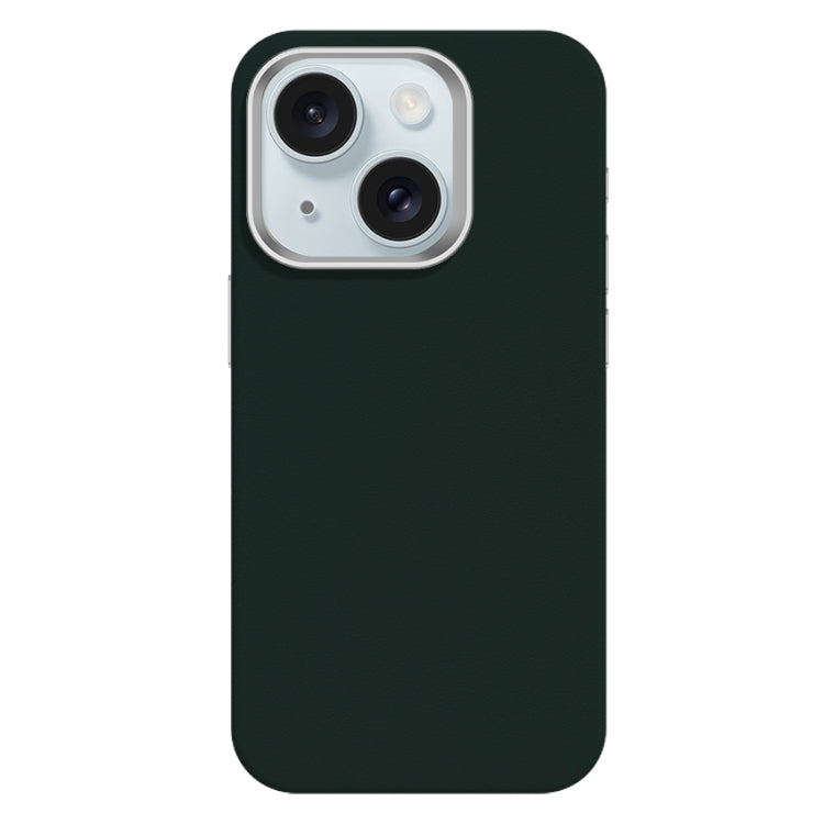 For iPhone 15 Skin Feel Fine Leather Texture Metal Lens Frame MagSafe Phone Case
