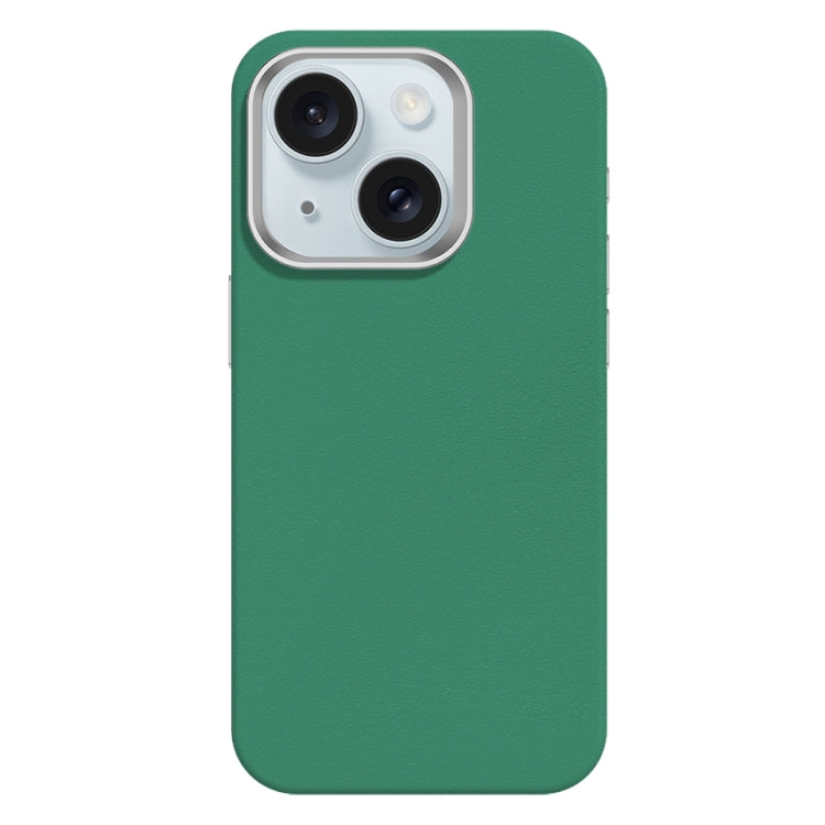 For iPhone 15 Skin Feel Fine Leather Texture Metal Lens Frame MagSafe Phone Case