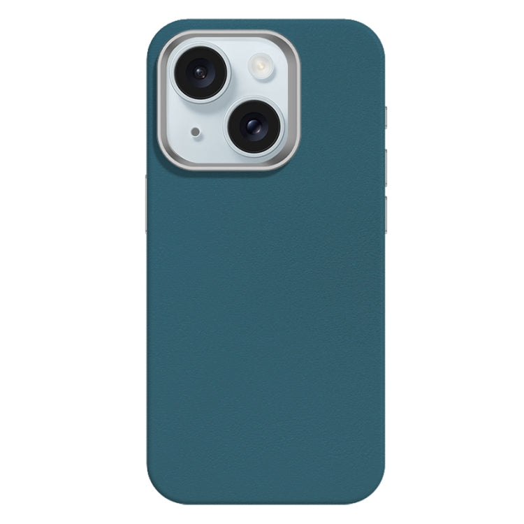 For iPhone 15 Skin Feel Fine Leather Texture Metal Lens Frame MagSafe Phone Case