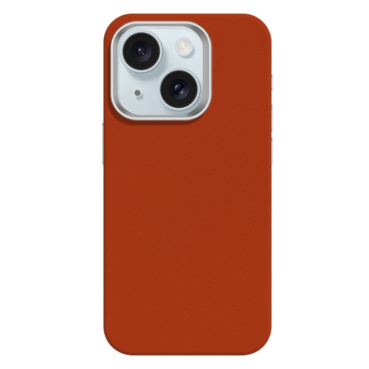 For iPhone 15 Skin Feel Fine Leather Texture Metal Lens Frame MagSafe Phone Case