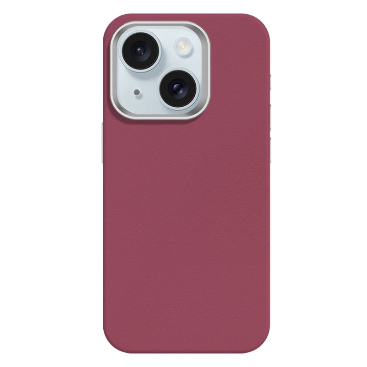 For iPhone 15 Skin Feel Fine Leather Texture Metal Lens Frame MagSafe Phone Case