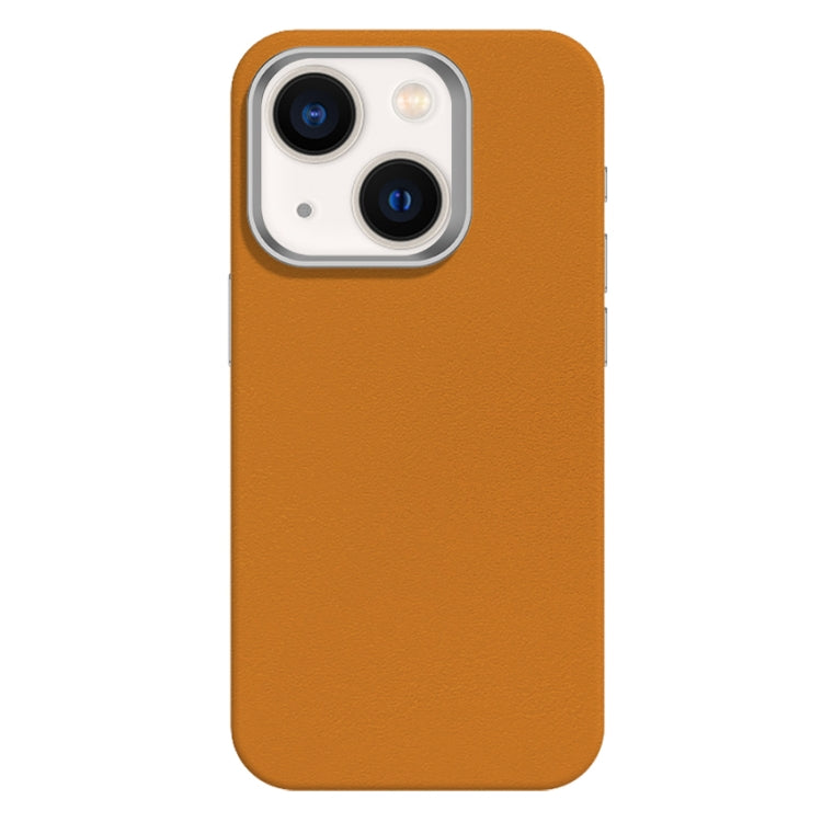 For iPhone 14 Skin Feel Fine Leather Texture Metal Lens Frame MagSafe Phone Case
