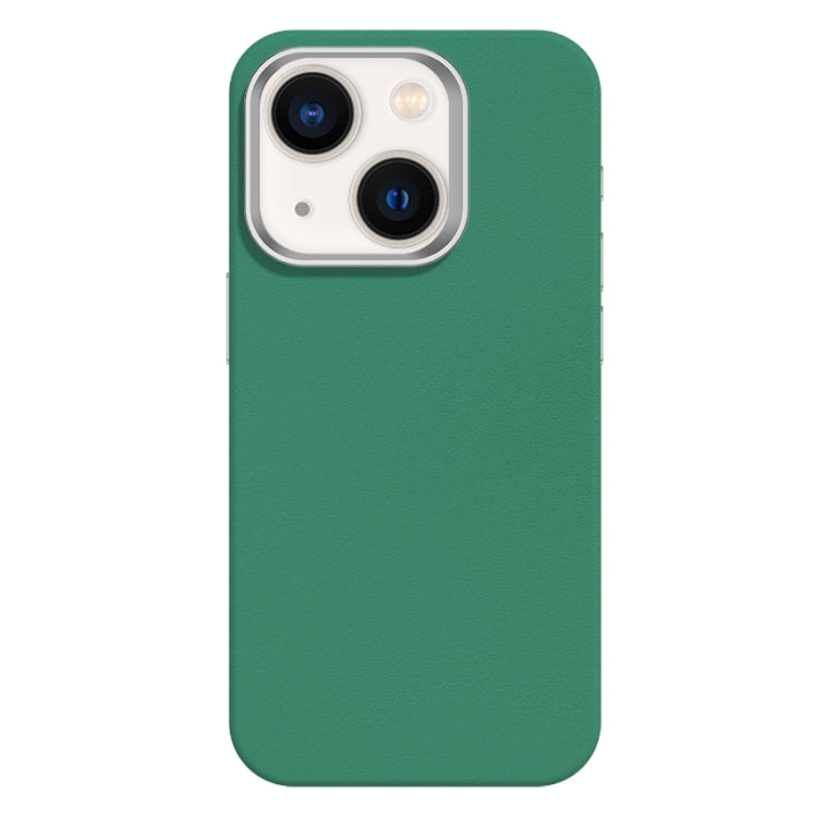 For iPhone 14 Skin Feel Fine Leather Texture Metal Lens Frame MagSafe Phone Case