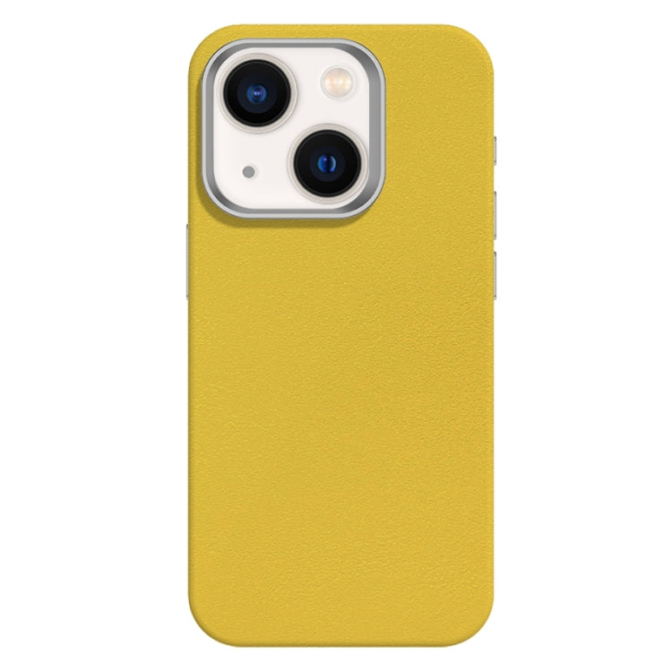For iPhone 14 Skin Feel Fine Leather Texture Metal Lens Frame MagSafe Phone Case