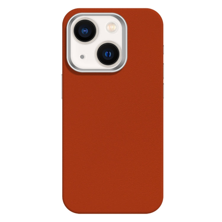For iPhone 14 Skin Feel Fine Leather Texture Metal Lens Frame MagSafe Phone Case