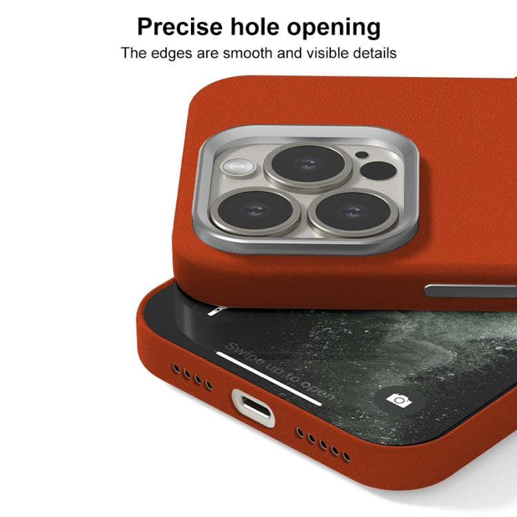 For iPhone 15 Skin Feel Fine Leather Texture Metal Lens Frame MagSafe Phone Case