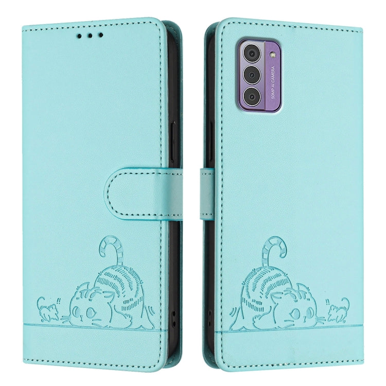 For Nokia G42 / G310 Cat Rat Embossed RFID Leather Phone Case with Lanyard