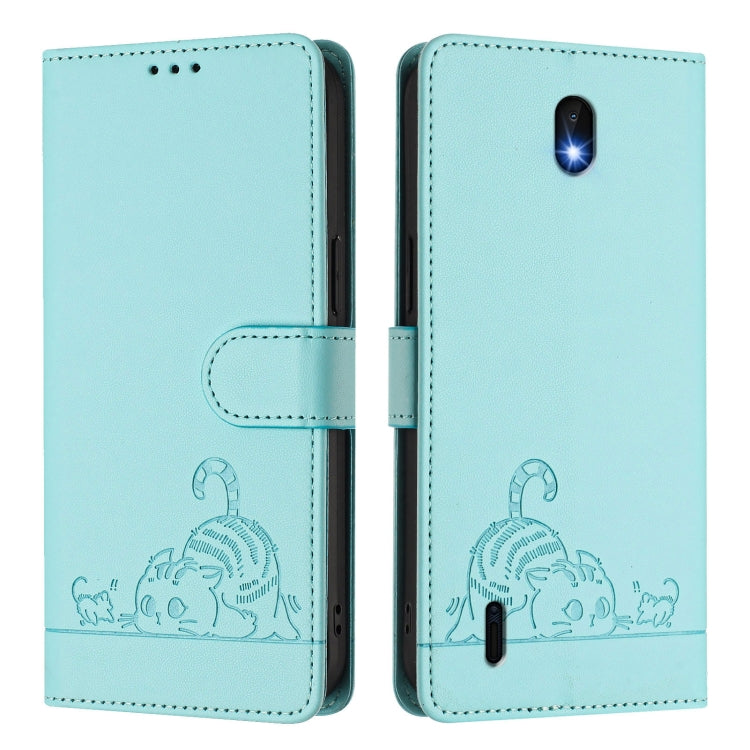 For Nokia C01 Plus / C1 2nd Edition Cat Rat Embossed RFID Leather Phone Case with Lanyard