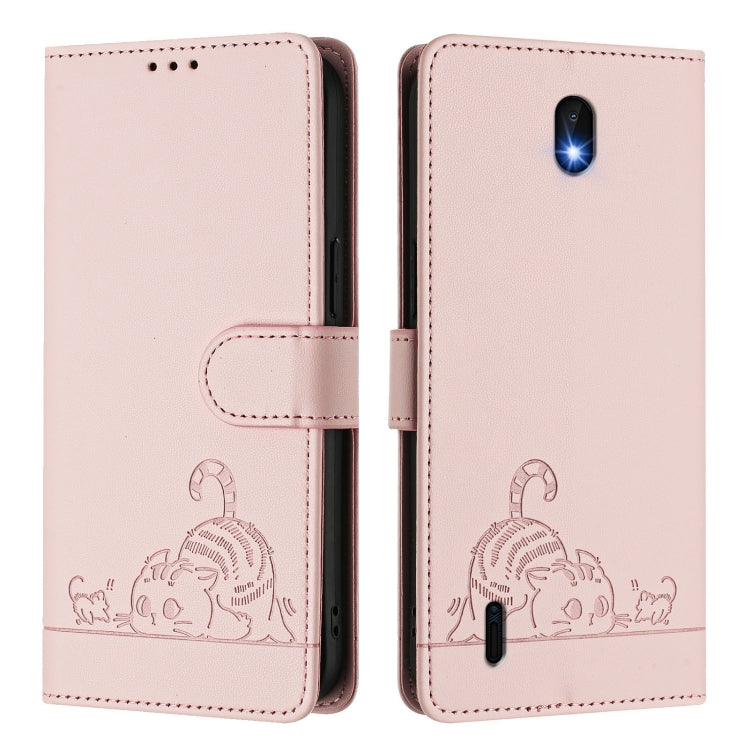 For Nokia C01 Plus / C1 2nd Edition Cat Rat Embossed RFID Leather Phone Case with Lanyard