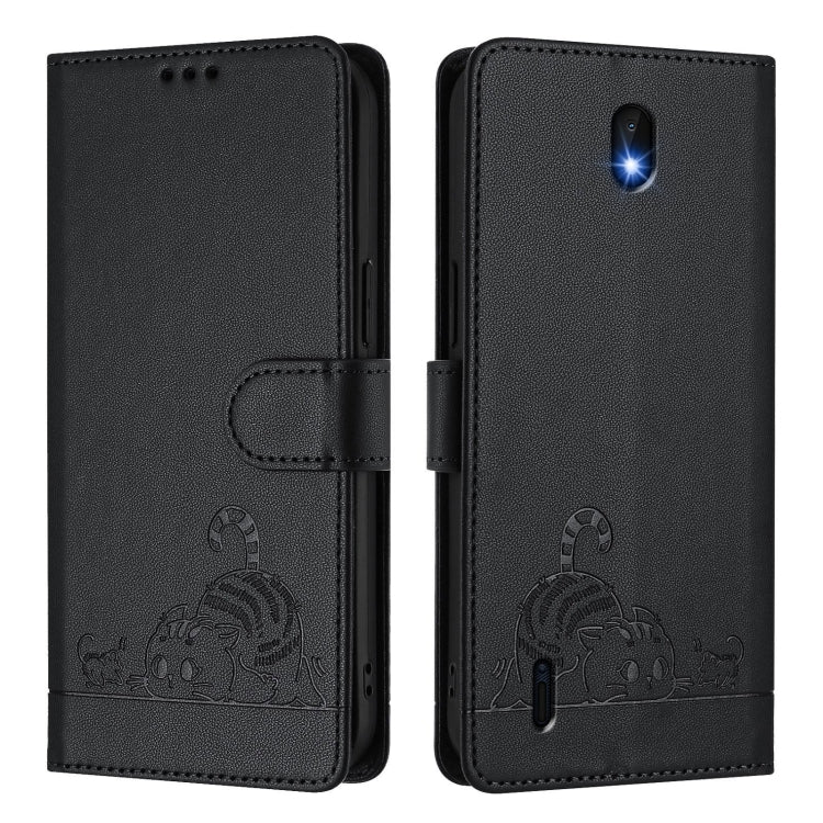 For Nokia C01 Plus / C1 2nd Edition Cat Rat Embossed RFID Leather Phone Case with Lanyard