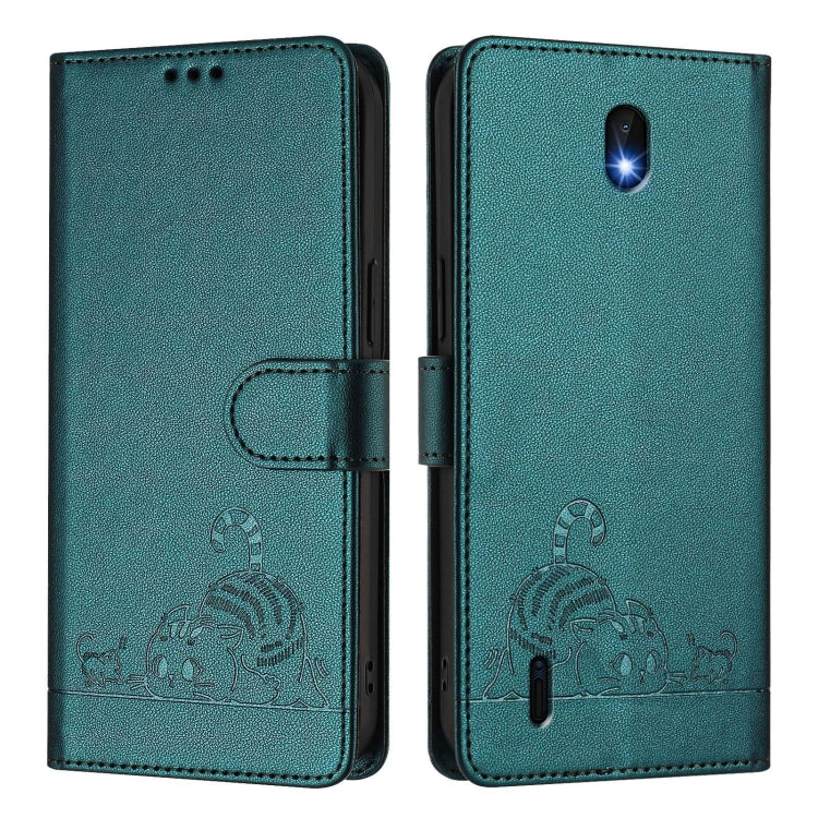 For Nokia C01 Plus / C1 2nd Edition Cat Rat Embossed RFID Leather Phone Case with Lanyard