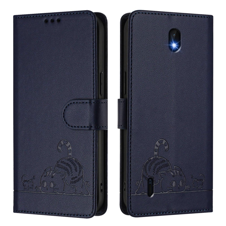 For Nokia C01 Plus / C1 2nd Edition Cat Rat Embossed RFID Leather Phone Case with Lanyard