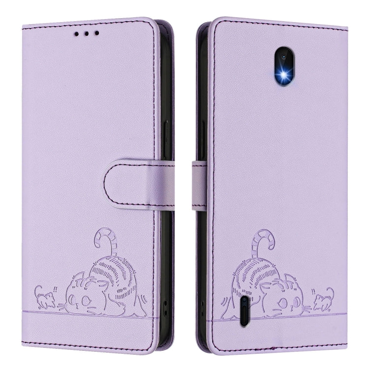 For Nokia C01 Plus / C1 2nd Edition Cat Rat Embossed RFID Leather Phone Case with Lanyard