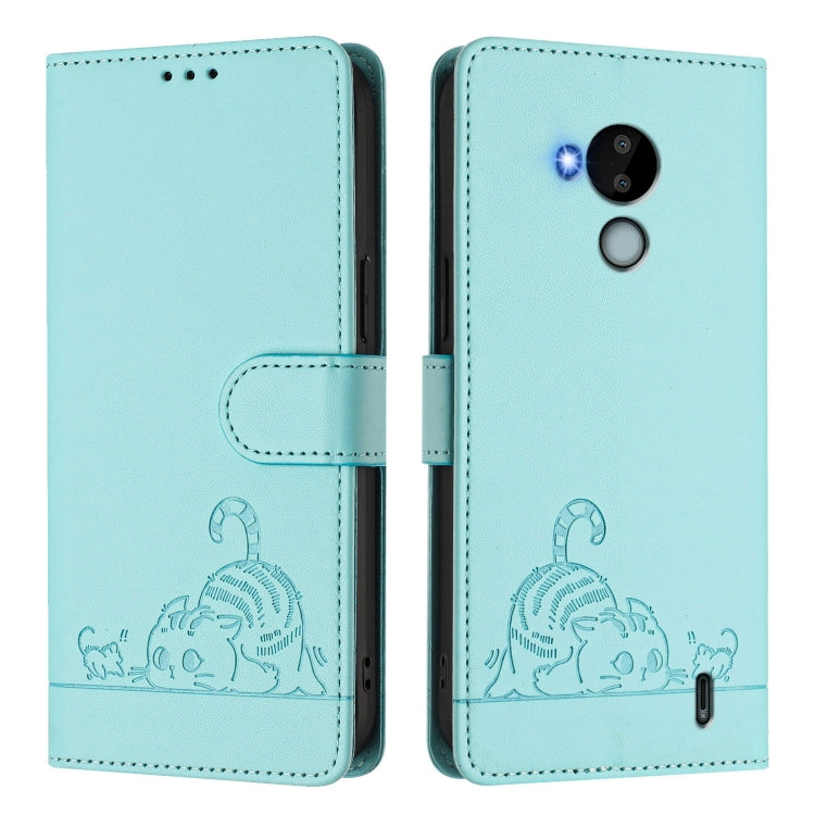 For Nokia C30 Cat Rat Embossed RFID Leather Phone Case with Lanyard
