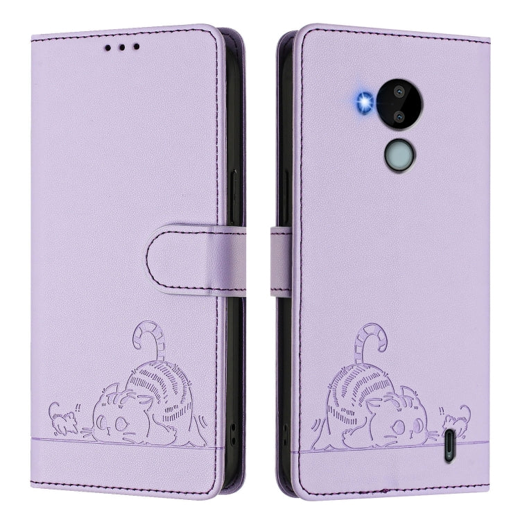 For Nokia C30 Cat Rat Embossed RFID Leather Phone Case with Lanyard