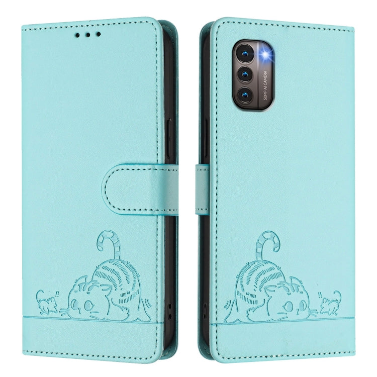 For Nokia G21 / G11 Cat Rat Embossed RFID Leather Phone Case with Lanyard