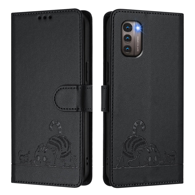 For Nokia G21 / G11 Cat Rat Embossed RFID Leather Phone Case with Lanyard