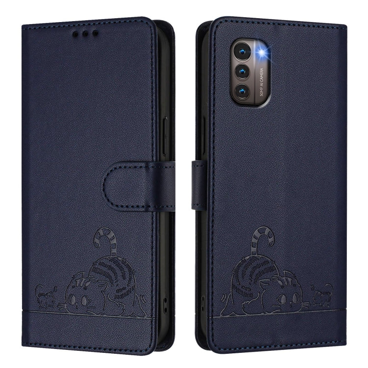 For Nokia G21 / G11 Cat Rat Embossed RFID Leather Phone Case with Lanyard